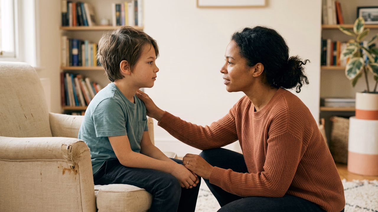 A parent calmly talking with an older child, staying respectful and steady