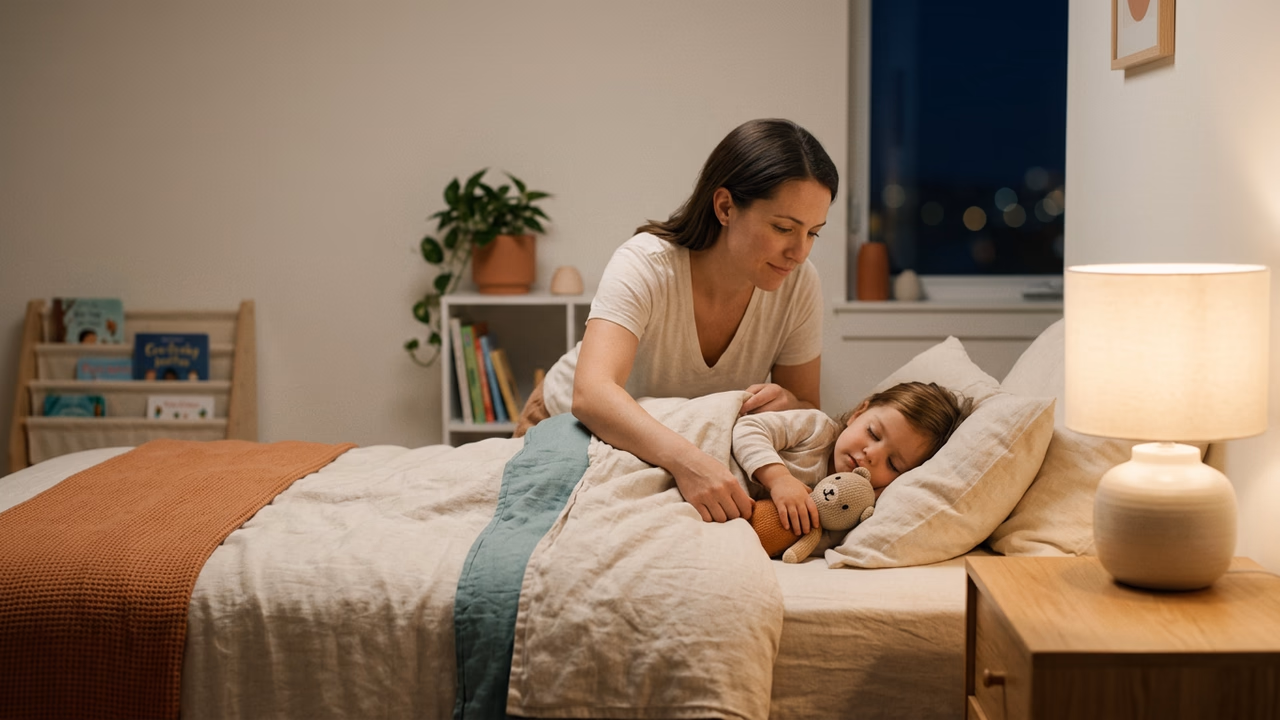 A calm parent settling a child into bed in a cozy, softly lit bedroom