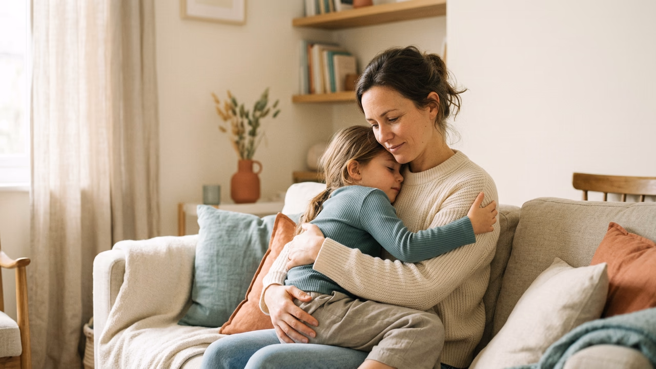 A parent and child reconnecting warmly after a hard moment