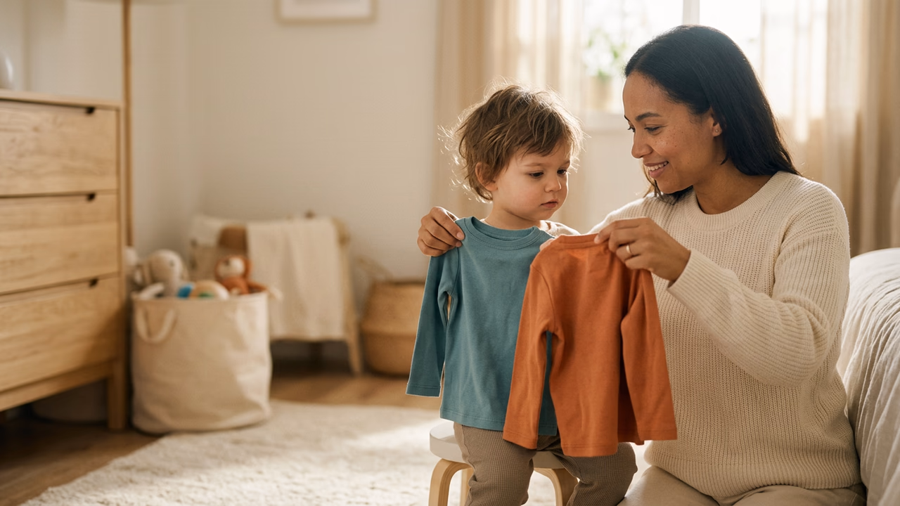 A patient parent offering a strong-willed toddler a choice during a daily routine