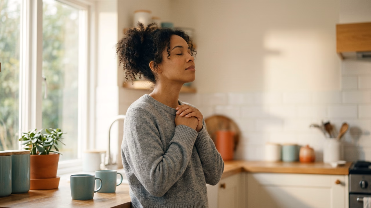 A mother taking a calm, grounding breath in a warm kitchen