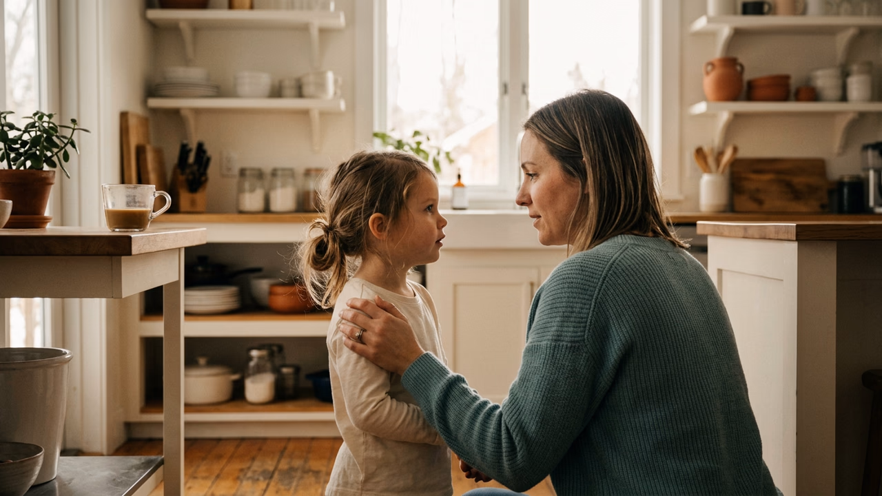 A patient parent kneeling to listen to a young child