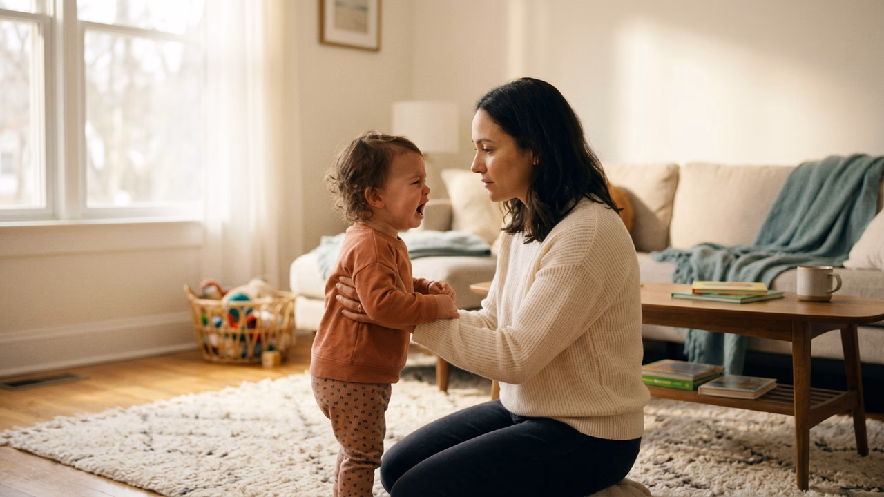 A calm parent kneeling to comfort a screaming toddler