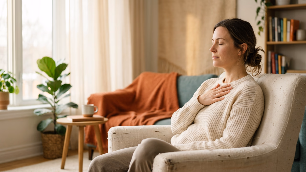 A mother in a quiet moment of self-compassion and reset