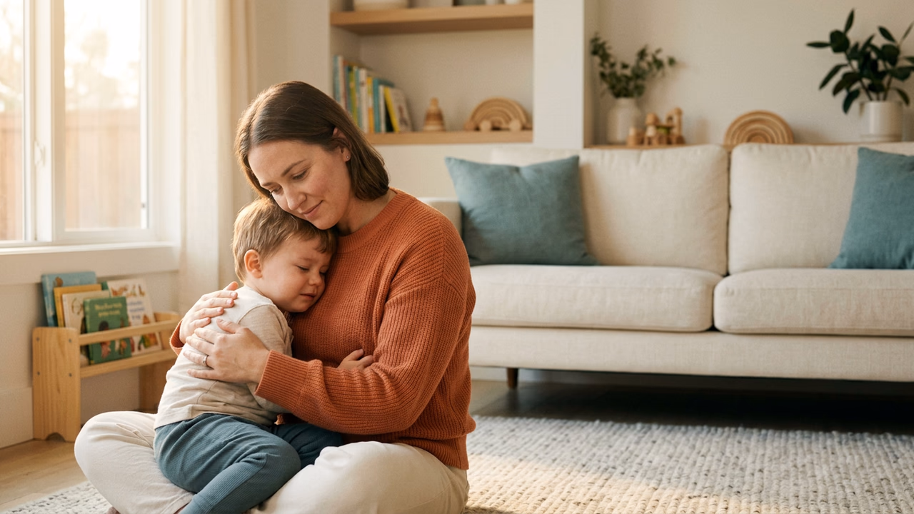 A calm parent sitting beside a distressed toddler, quiet and steady