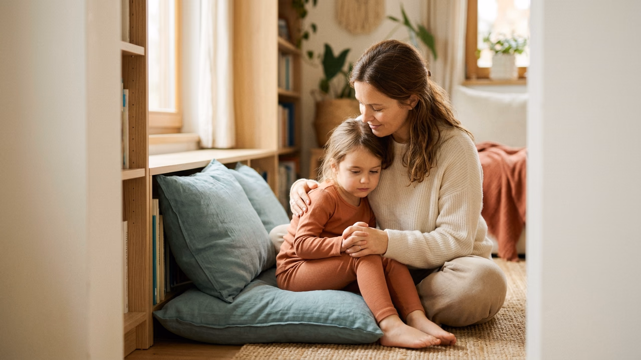 A calm parent staying close to a child moving through a big emotion at home