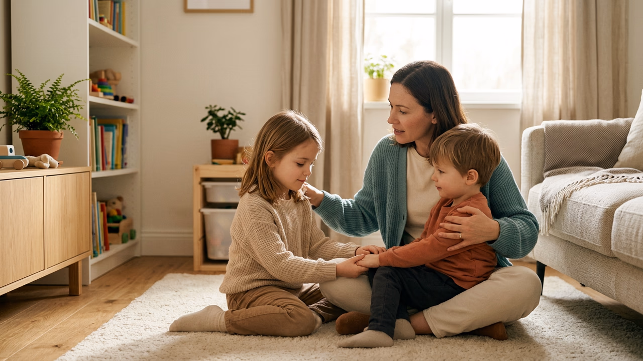 A parent gently helping two young siblings work things out together