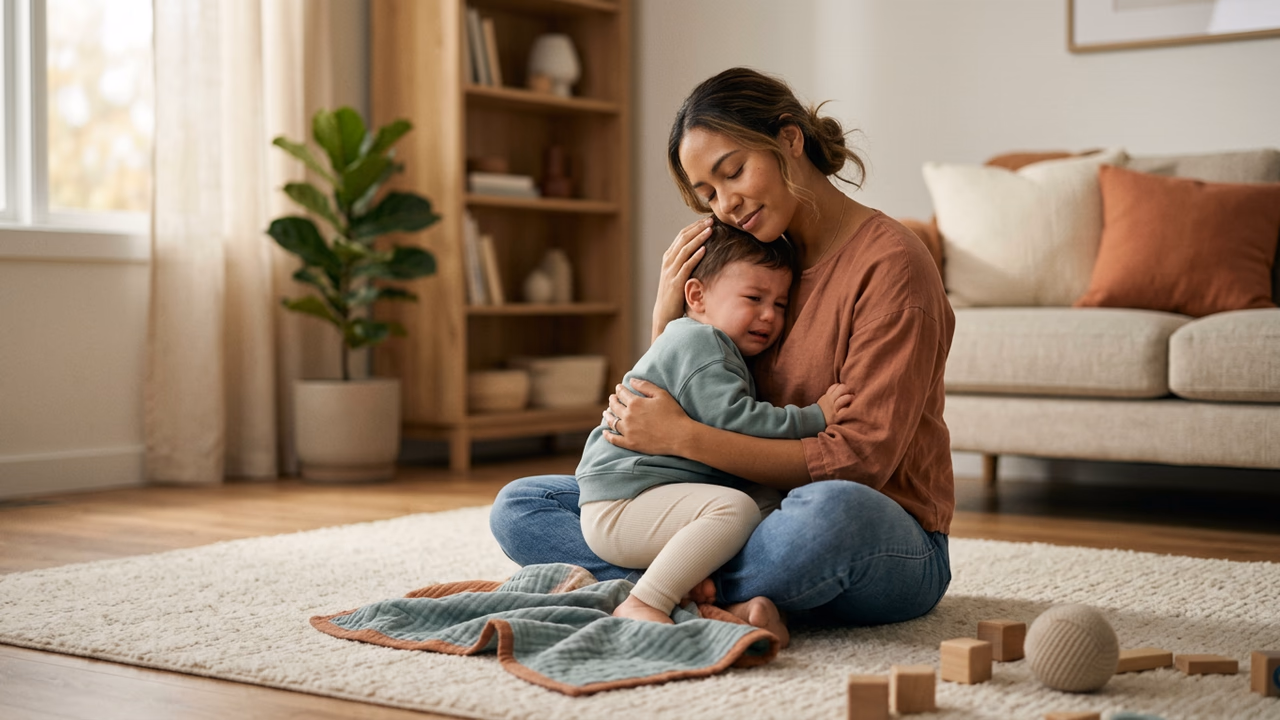 A calm parent staying present with a toddler mid-meltdown