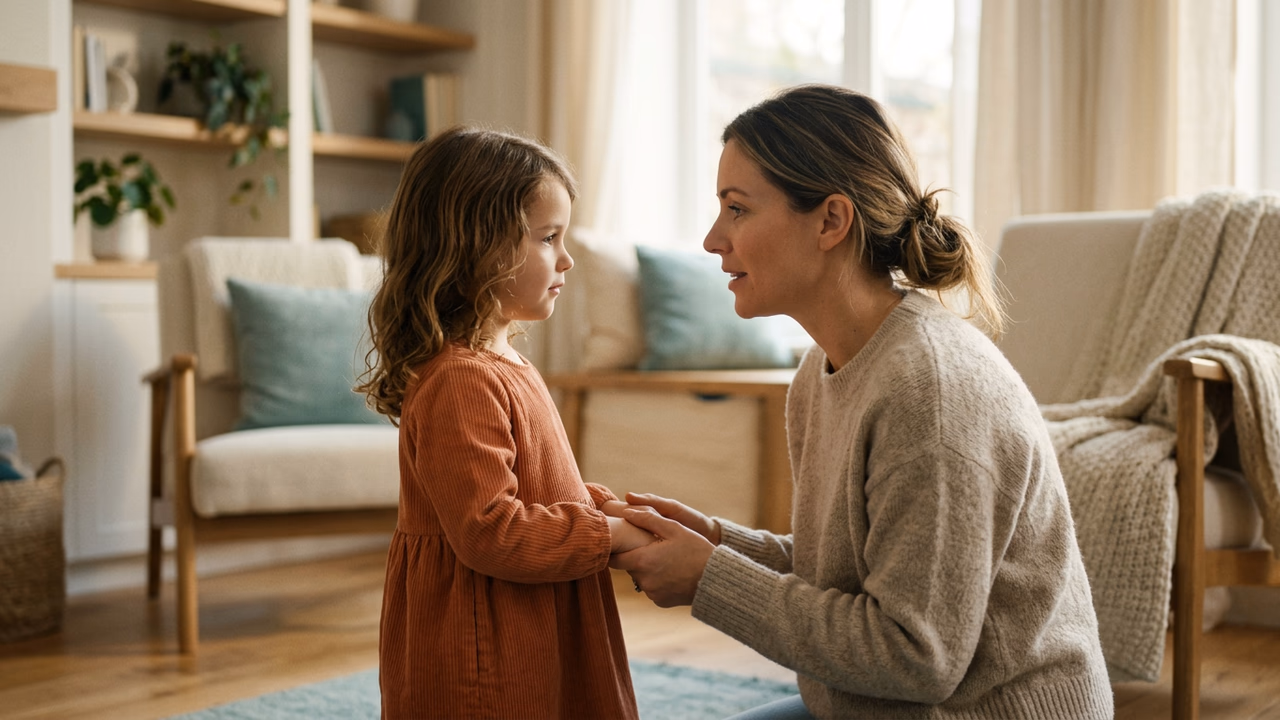 A parent speaking calmly to a child, warm and connected