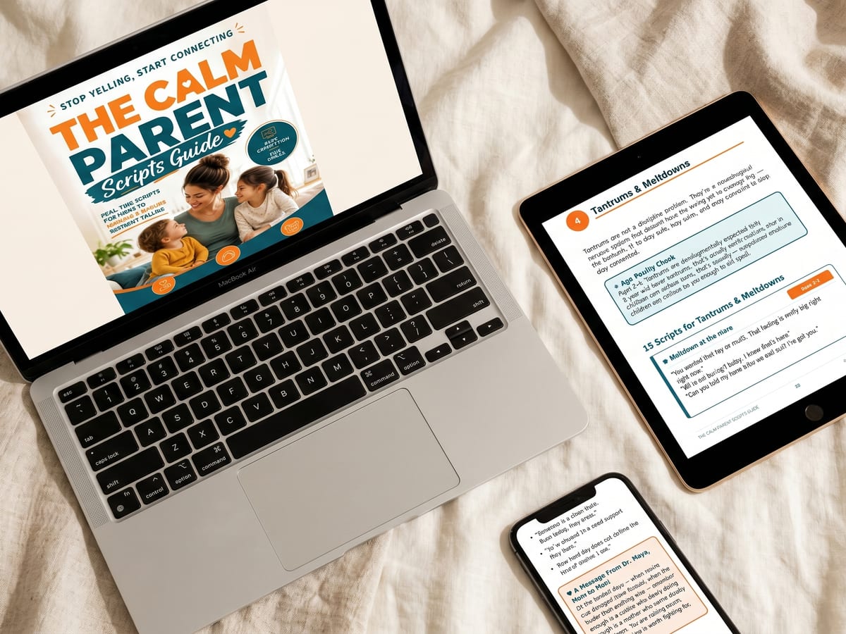 The Calm Parent Scripts Guide displayed across laptop, iPad, and iPhone, available on all devices