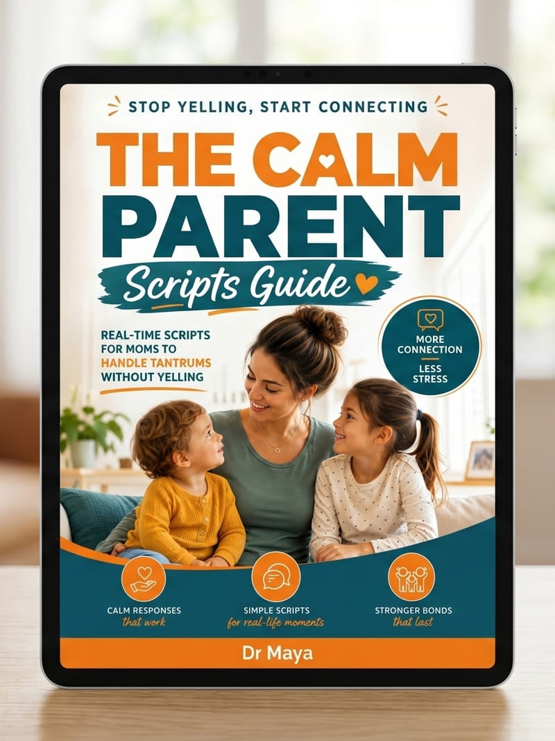 The Calm Parent Scripts Guide: printable parenting scripts PDF shown on an iPad, Dr. Maya's guide for moms of kids ages 2–10